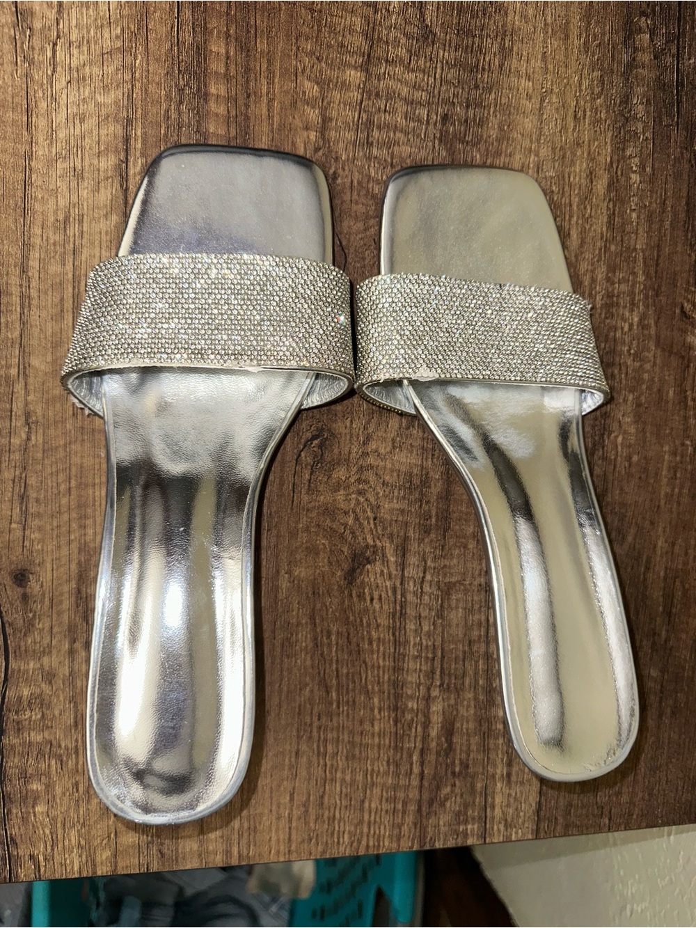 Silver Crystal Strap Slide Sandals - Women